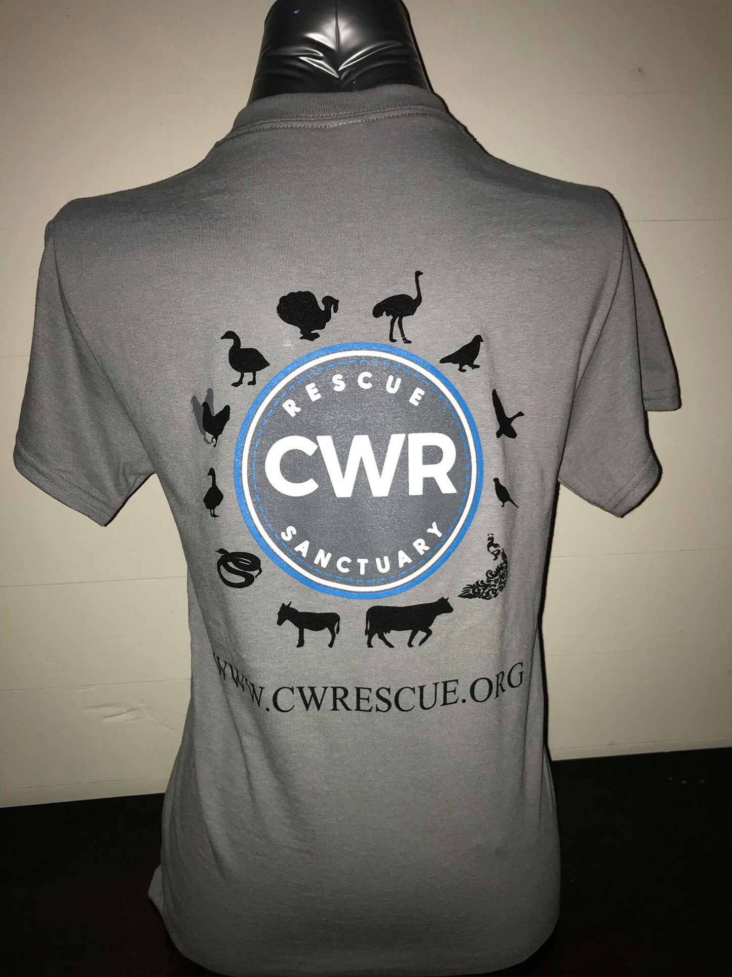 "Rescue, Rehab, Adopt, Repeat" Gray CWR Circle Logo T-shirt