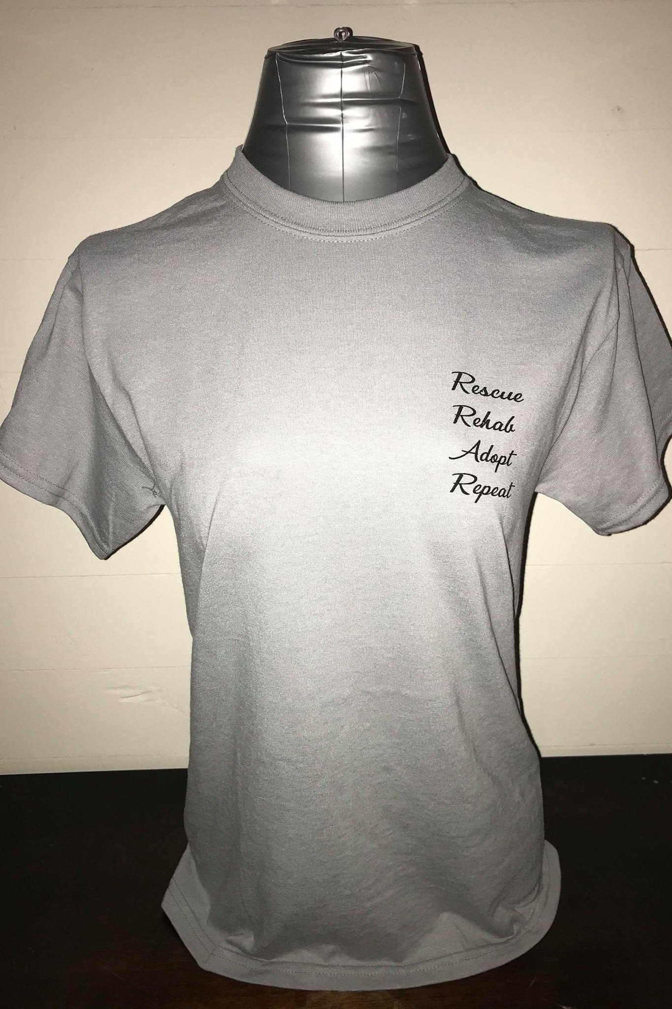 "Rescue, Rehab, Adopt, Repeat" Gray CWR Circle Logo T-shirt