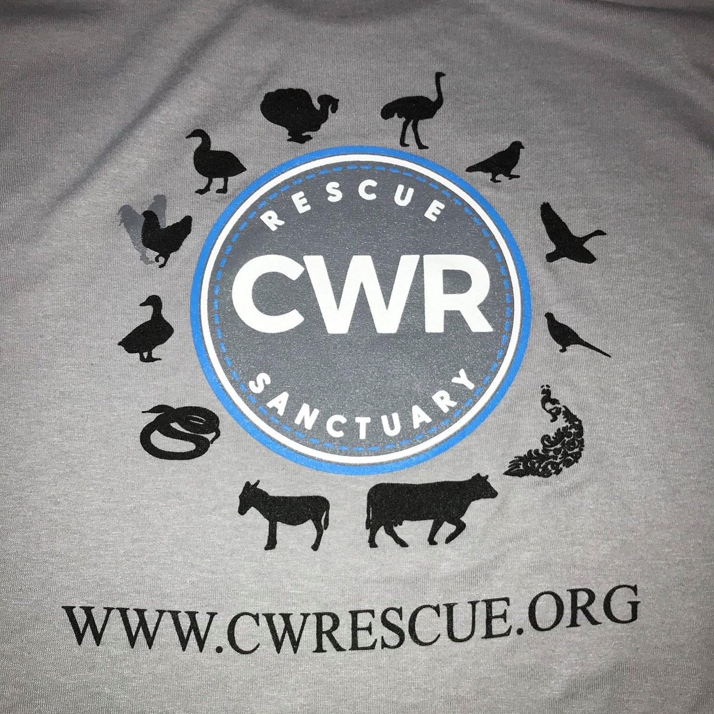 "Rescue, Rehab, Adopt, Repeat" Gray CWR Circle Logo T-shirt